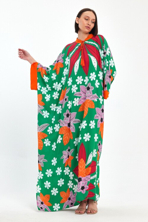 1069 Kadın Hakim Yaka Bağcıklı Desenli Standart Beden Etnik Elbise