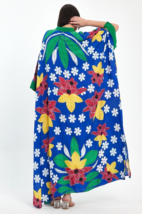 1069 Kadın Hakim Yaka Bağcıklı Desenli Standart Beden Etnik Elbise