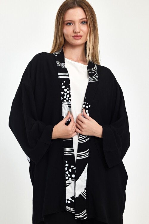 1084 Siyah Gümüş Desen Baskılı Sırt Detaylı 3 lü Viskon Takım