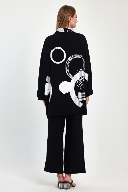 1084 Siyah Gümüş Desen Baskılı Sırt Detaylı 3 lü Viskon Takım