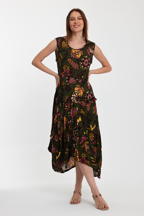 2014 Yeşil Otantik Desen Cepli Şalvar Model Elbise