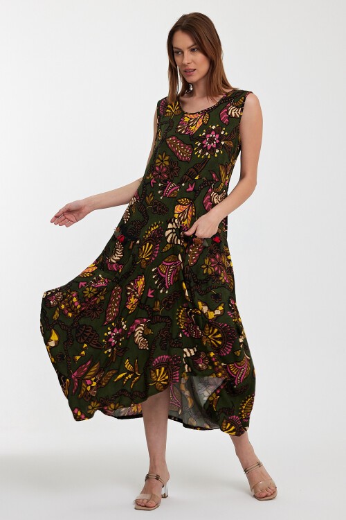 2014 Yeşil Otantik Desen Cepli Şalvar Model Elbise