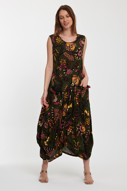 2014 Yeşil Otantik Desen Cepli Şalvar Model Elbise