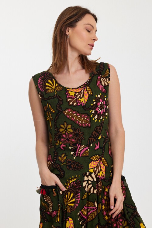 2014 Yeşil Otantik Desen Cepli Şalvar Model Elbise