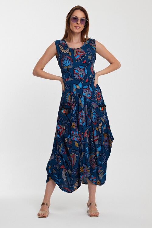 2014 Mavi Otantik Desen Cepli Şalvar Model Elbise