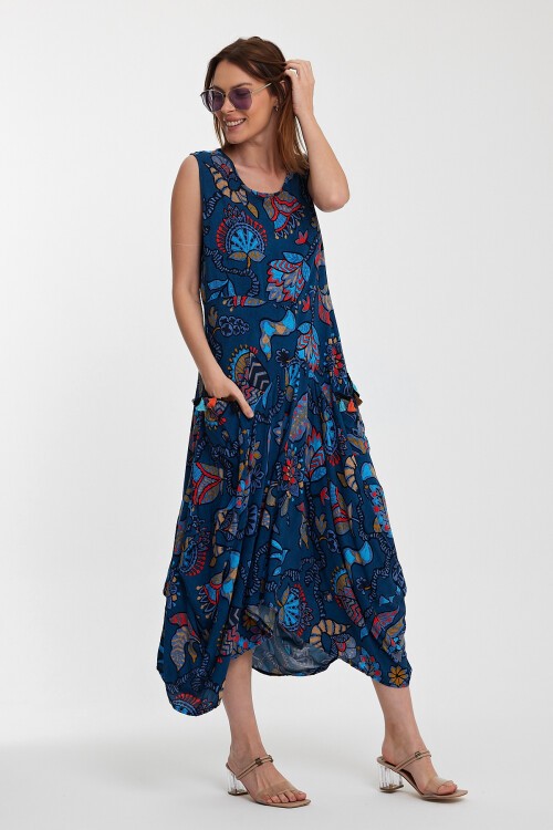 2014 Mavi Otantik Desen Cepli Şalvar Model Elbise