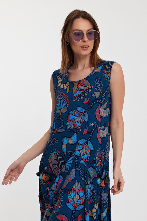 2014 Mavi Otantik Desen Cepli Şalvar Model Elbise