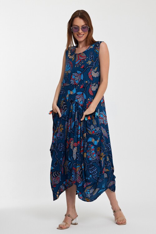 2014 Mavi Otantik Desen Cepli Şalvar Model Elbise