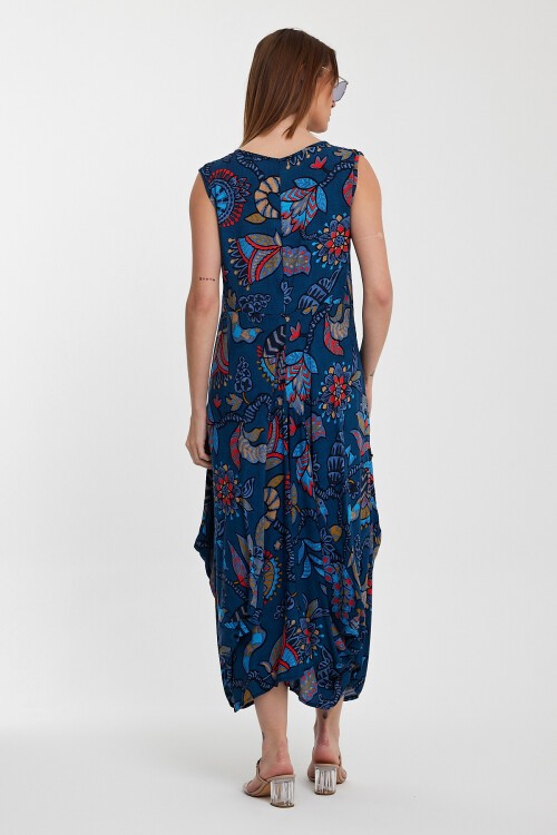 2014 Mavi Otantik Desen Cepli Şalvar Model Elbise