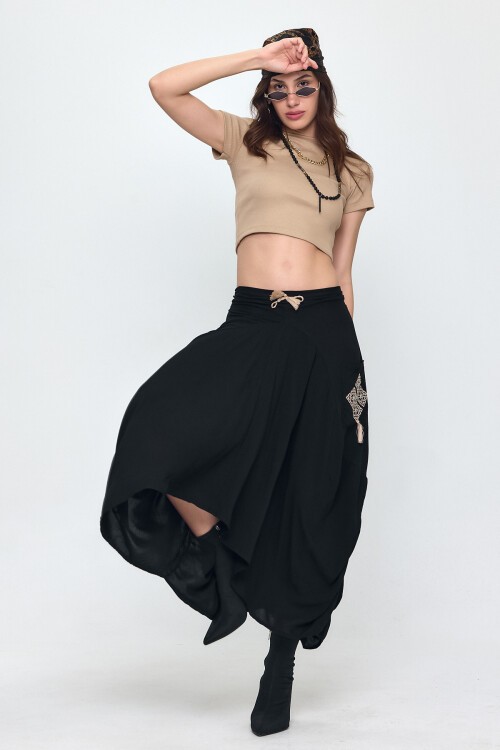 900 Nakış Detaylı Bağcıklı Cepli Şalvar Etek