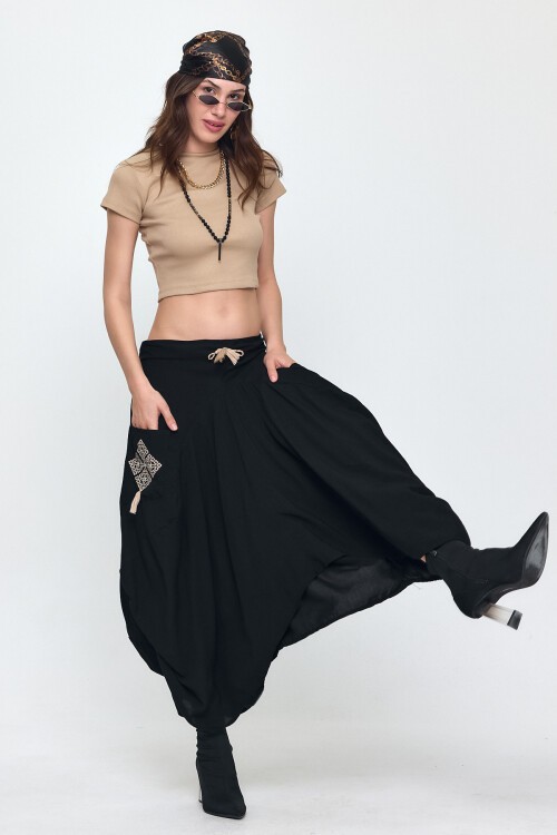 900 Nakış Detaylı Bağcıklı Cepli Şalvar Etek