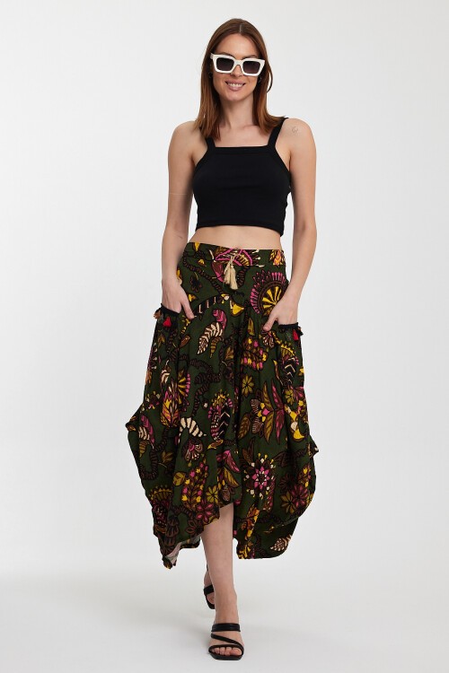 2039 Yeşil Otantik Desen Cepli Şalvar Model Etek