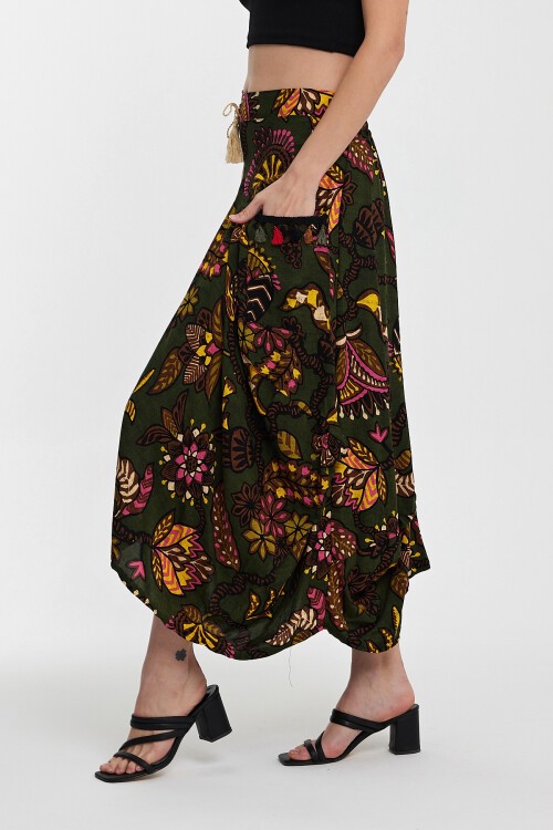 2039 Yeşil Otantik Desen Cepli Şalvar Model Etek