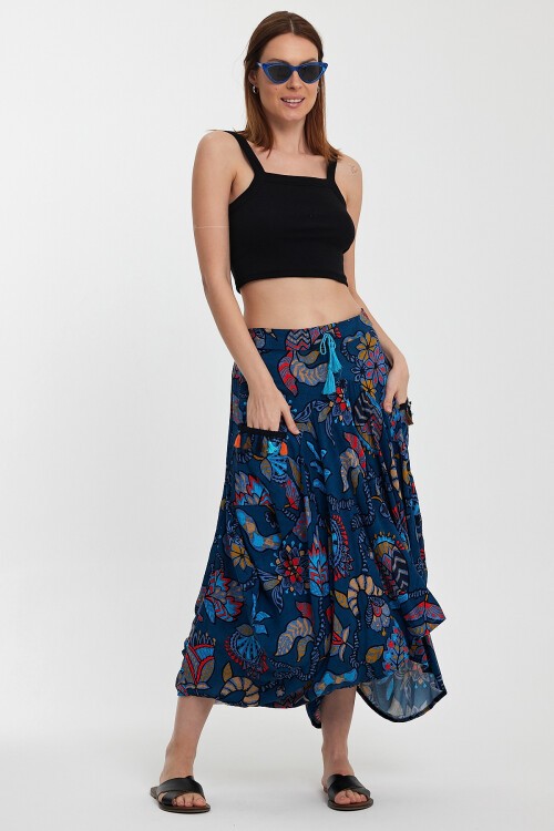 2039 Mavi Otantik Desen Cepli Şalvar Model Etek