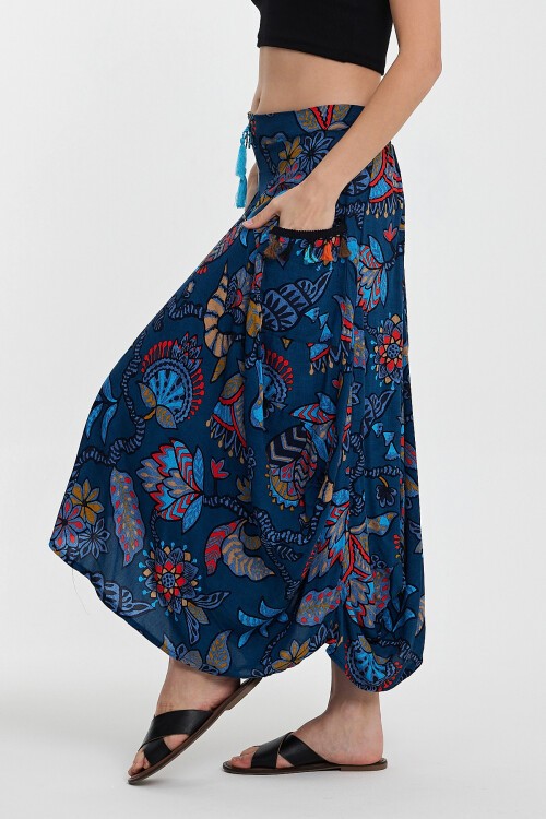 2039 Mavi Otantik Desen Cepli Şalvar Model Etek