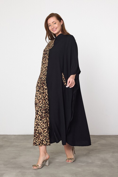 V067 Siyah Leopar Düğme Kapamalı Büyük Beden Gömlek Elbise