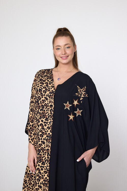 3102 Siyah Leopar Yıldız Detaylı Büyük Beden Gömlek Elbise