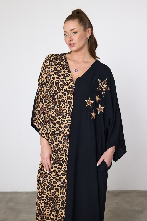 3102 Siyah Leopar Yıldız Detaylı Büyük Beden Gömlek Elbise