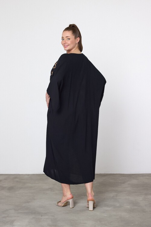 3102 Siyah Leopar Yıldız Detaylı Büyük Beden Gömlek Elbise