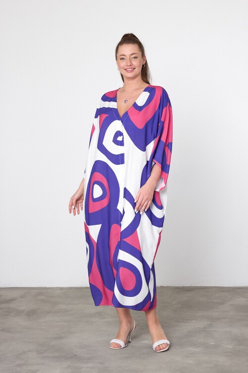 905 Beyaz Mor Nazar Boncuğu Temalı Büyük Beden Gömlek Elbise