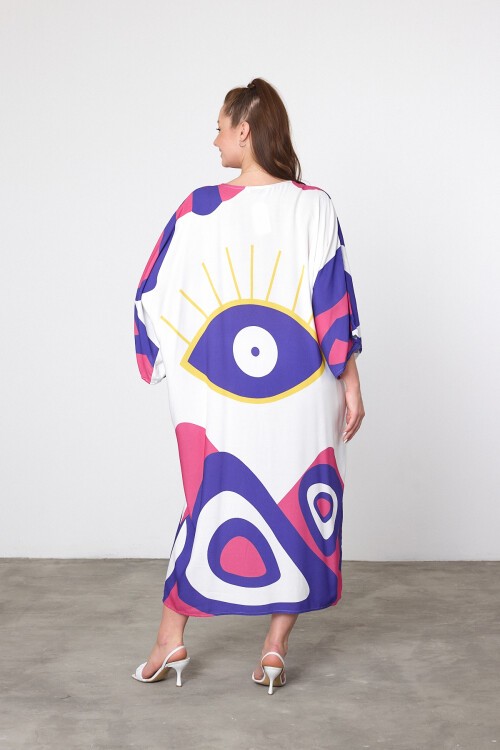 905 Beyaz Mor Nazar Boncuğu Temalı Büyük Beden Gömlek Elbise