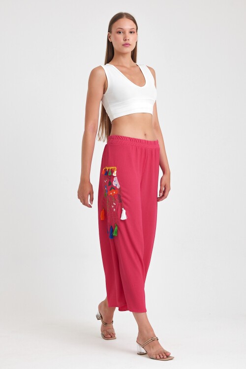 913 Fuşya Otantik Nakış Püskül Detay Bürümcük Pantolon