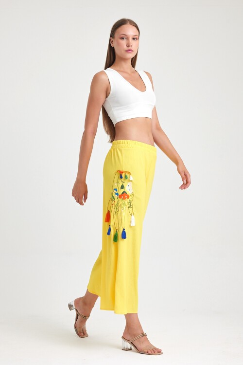 913 Sarı Otantik Nakış Püskül Detay Bürümcük Pantolon