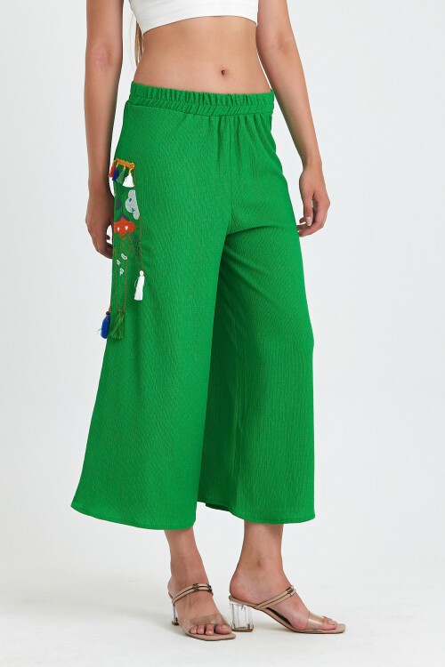 913 Yeşil Otantik Nakış Püskül Detay Bürümcük Pantolon