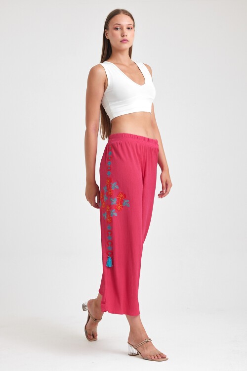 914 Fuşya Büyük Beden Otantik Nakış Püskül Detay Bürümcük Pantolon