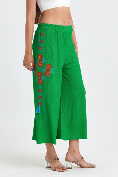 914 Yeşil Büyük Beden Otantik Nakış Püskül Detay Bürümcük Pantolon