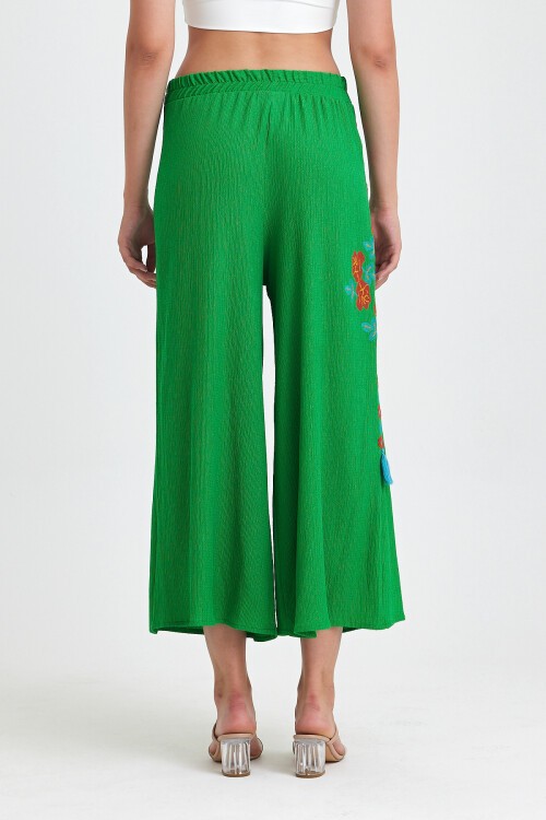 914 Yeşil Büyük Beden Otantik Nakış Püskül Detay Bürümcük Pantolon