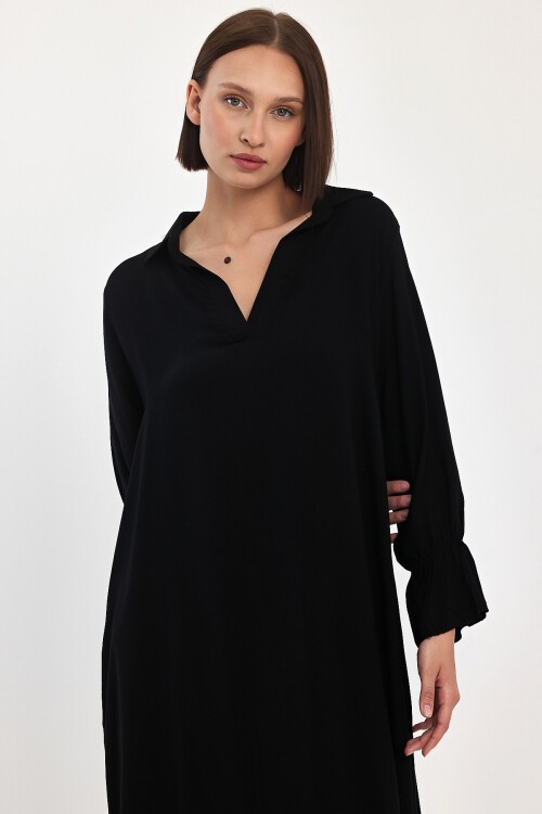 920 Siyah V Yaka Cepli Kol Detaylı Viskon Elbise