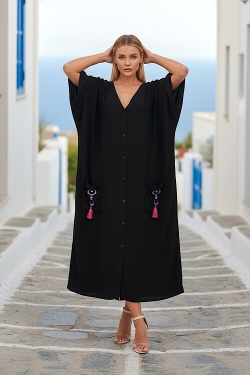 923 Siyah Nakış Detay Büyük Beden Elbise