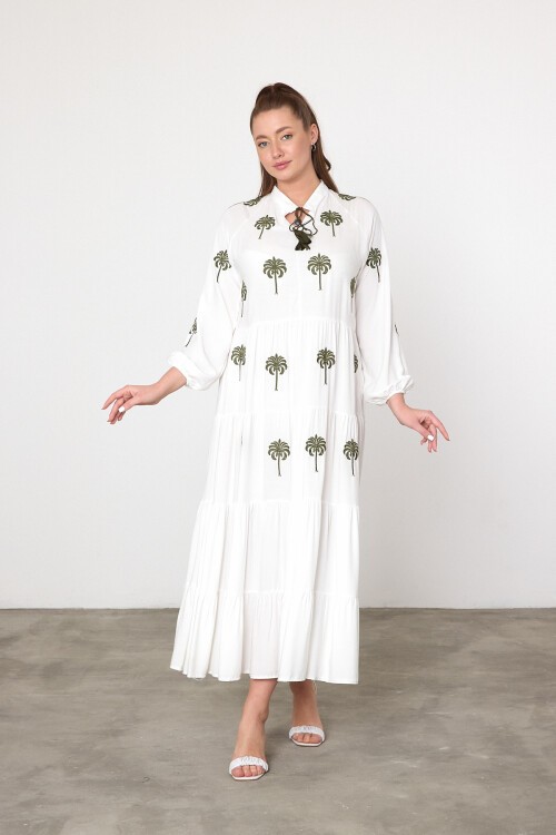 925 Beyaz Kadın Bisiklet Yaka Bağcıklı Aplike Detaylı Uzun Viskon Elbise