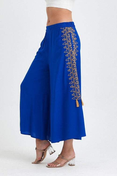 929 Saks Mavi Altın Nakışlı Cepli Geniş Paça Viskon Pantolon