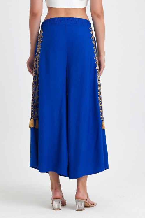 929 Saks Mavi Altın Nakışlı Cepli Geniş Paça Viskon Pantolon