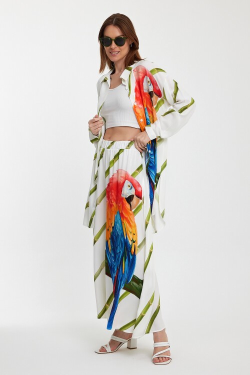 934 Beyaz Yeşil Papağan Baskılı Viskon Takım