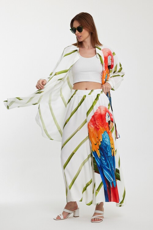 934 Beyaz Yeşil Papağan Baskılı Viskon Takım