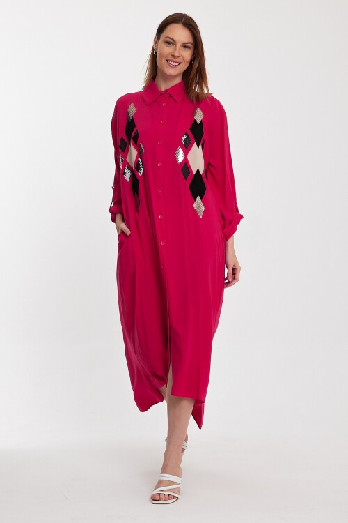 943 Fuşya Kadın Pul İşlemeli Viskon Gömlek Elbise