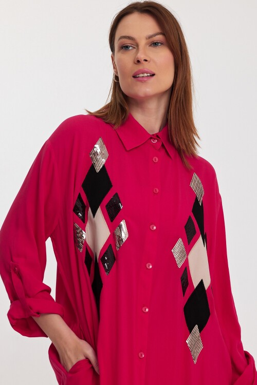 943 Fuşya Kadın Pul İşlemeli Viskon Gömlek Elbise