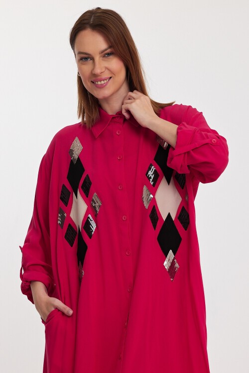943 Fuşya Kadın Pul İşlemeli Viskon Gömlek Elbise