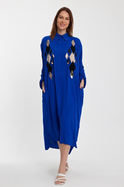 943 Saks Mavi Kadın Pul İşlemeli Viskon Gömlek Elbise