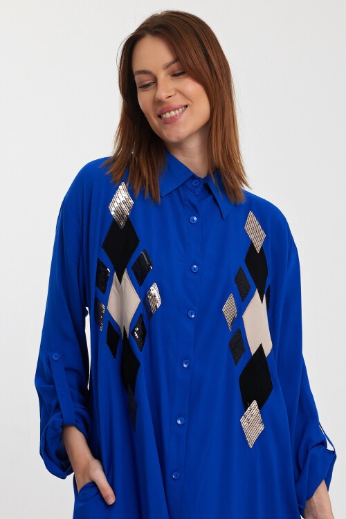 943 Saks Mavi Kadın Pul İşlemeli Viskon Gömlek Elbise