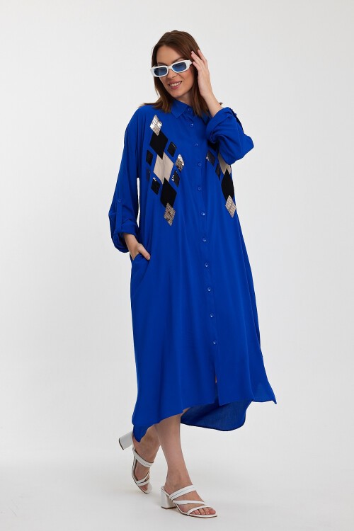 943 Saks Mavi Kadın Pul İşlemeli Viskon Gömlek Elbise