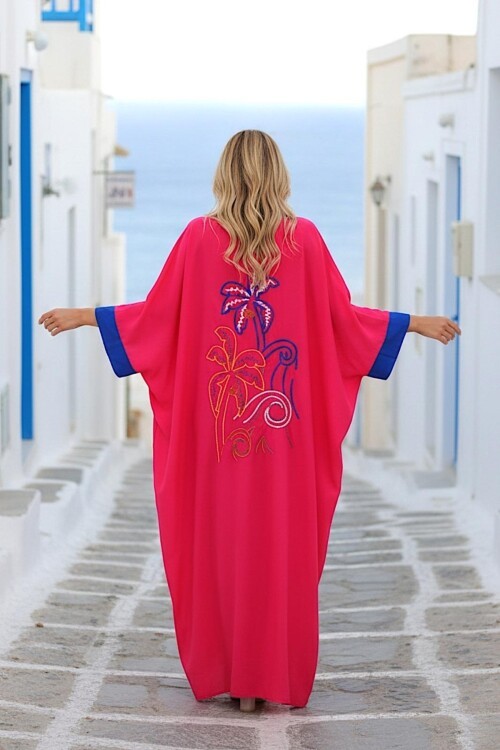 949 Fuşya Sırt Nakış Detaylı Yarım Kapama Büyük Beden Elbise