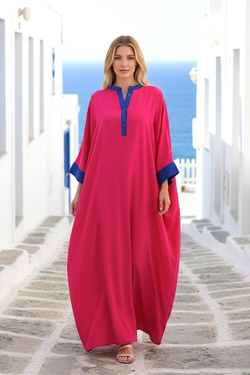 949 Fuşya Sırt Nakış Detaylı Yarım Kapama Büyük Beden Elbise