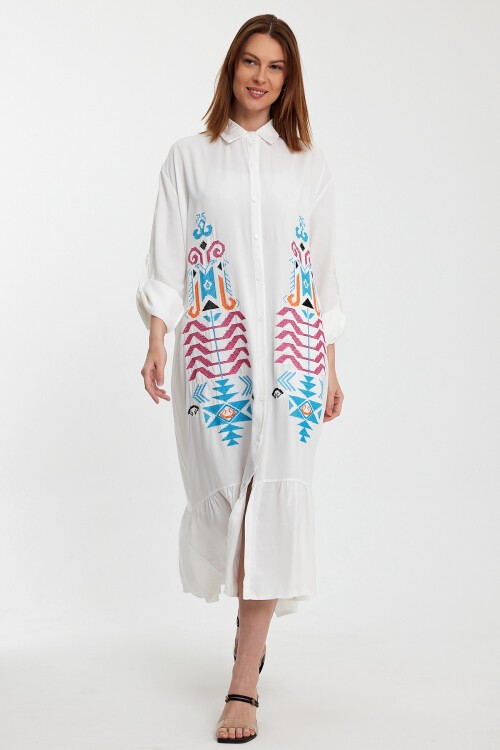 954 Gömlek Yaka Düğme Kapalı Etnik Nakış Detaylı Viskon Gömlek Elbise