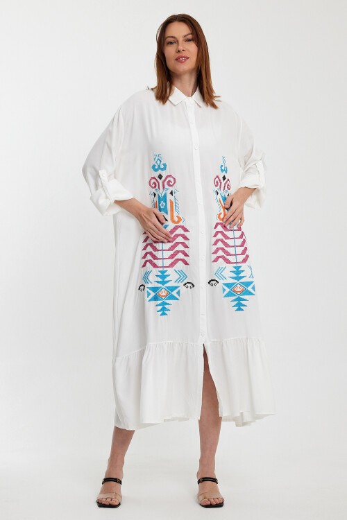 954 Gömlek Yaka Düğme Kapalı Etnik Nakış Detaylı Viskon Gömlek Elbise