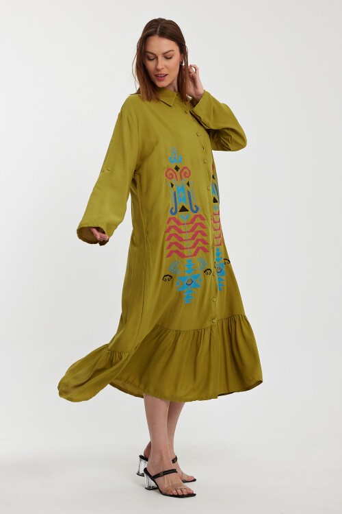 954 Gömlek Yaka Düğme Kapalı Etnik Nakış Detaylı Viskon Gömlek Elbise