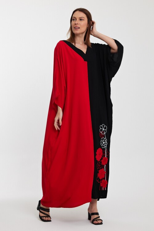 958 Siyah Kırmızı V Yaka Büyük Beden Nakış Detaylı Uzun Viskon Elbise